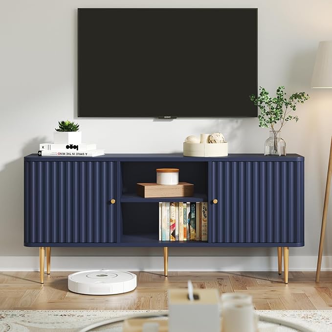 ARTPOWER 55” Fluted TV Stand, Mid Century Modern Blue TV Stand for 55/60/65 inch TV, Entertainment Center with Storage, Television Stands, TV Console, Media Console for Living Room, Bedroom (Blue)