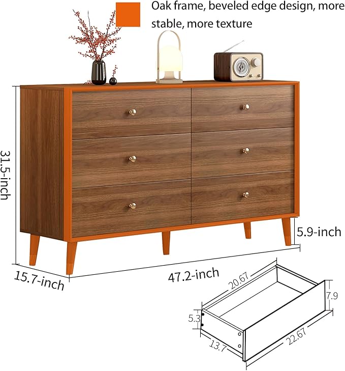 Dresser for Bedroom, Mid Century Modern 6-Drawer Solid Wood Chest, 47 Inch Walnut Finish, Heavy-Duty Drawer Glides, Storage Cabinet for Living Room, TV Stand (Brown, 47.2)