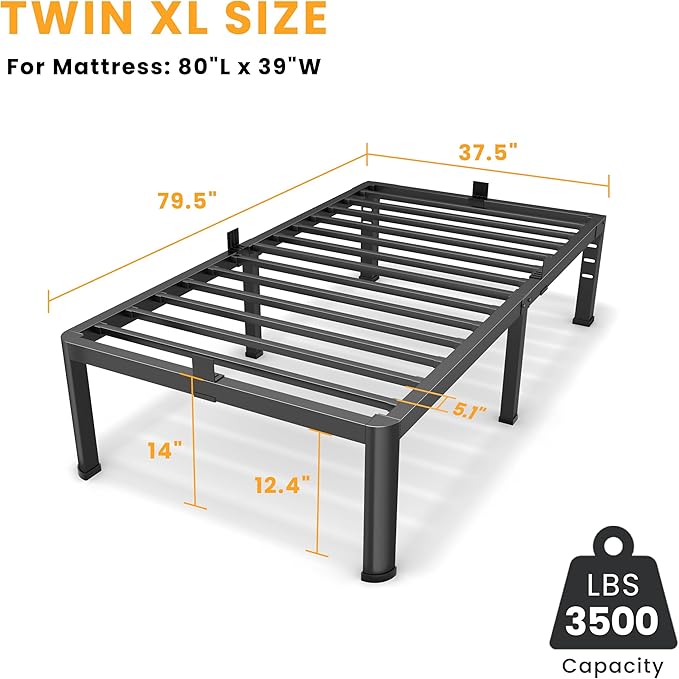 14 Inch Twin XL Bed Frame, Metal Platform Bed Frame with Round Corner Legs, 3500 lbs Heavy Duty Steel Slats Support, No Box Spring Needed, Noise Free, Easy Assembly, Black