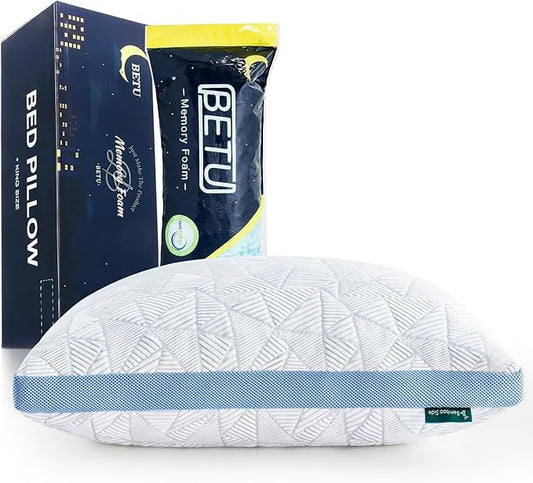 BETU Cooling Standard Pillow, Shredded Memory Foam Cool Pillow for Hot Sleepers, Adjustable Firm Soft Support Bed Pillows Perfect for Back Neck Pain and Side Sleeping with Pillows Case Cover, Blue