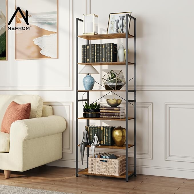 Book Shelf, Adjustable 6-Tier Tall Bookshelf, Wooden Bookcase Shelves for Bedroom, Living Room, Display Shelf for Home, Office, Kitchen, Standing Shelving Unit Storage Organizer BC-BR-6