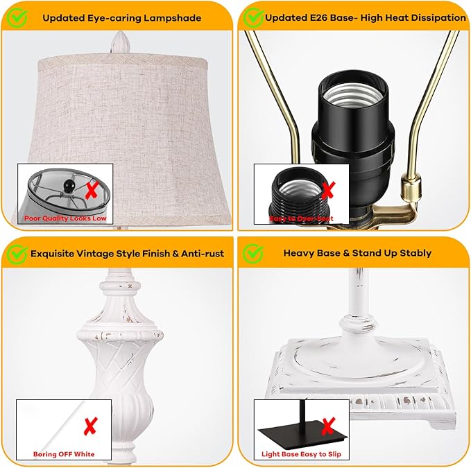 TOBUSA Rustic Vintage White Floor Lamp for Living Room Bedroom, 64inch Traditional Tall Floor Lamp with White Linen Shade, Retro LED Standing Pole Lamp Upright Floor Light for Home Decor, Pull Chain