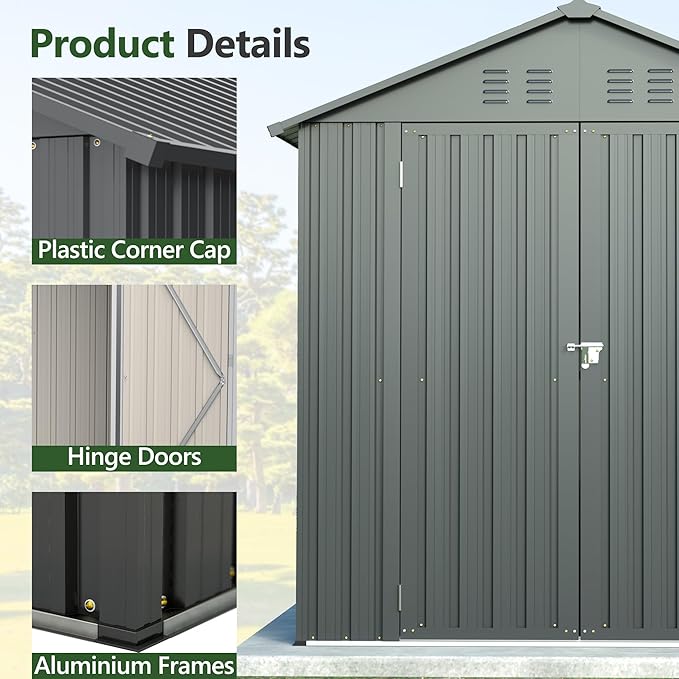 6x6FT Outdoor Storage Shed，Heavy-Duty Metal Storage with Floor Kit, Vents and Clear Window