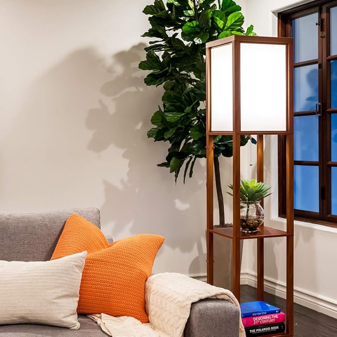 Brightech Maxwell - Modern Shelf Floor Lamp with Lamp Shade and LED Bulb - Corner Display Floor Lamps with Shelves for Living Room, Bedroom and Office - Havana Brown