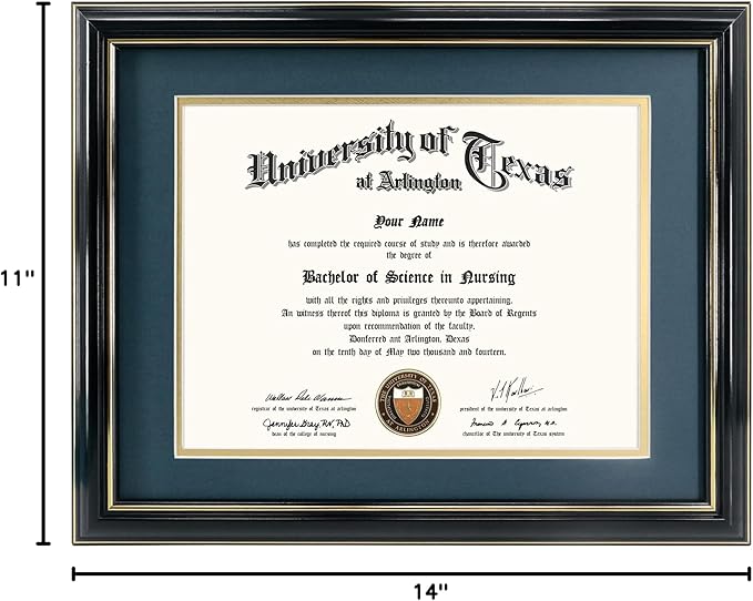GraduationMall 8.5x11 Diploma Frame with Navy over Gold Mat or Display 11x14 Certificate without Mat,Solid Wood & UV Protection Acrylic,Glossy Black Finish with Gold Trim