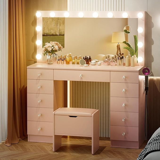 VOWNER Vanity with Lighted Mirror - Makeup Vanity Desk with 11 Drawers and Outlet, 3 Color Lighting Modes Adjustable Brightness, 46" Vanity Table with Soft Cushioned Stool for Bedroom, Pink