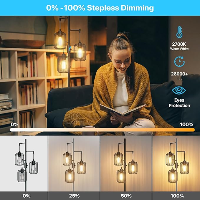 Floor Lamps for Living Room Dimmable Floor Lamp with Cage Shade 70'' Standing Lamps for Living Room Corner Floor Light with 3 LED Bulbs Rustic Floor Lamp for Bedroom Office Industrial Modern