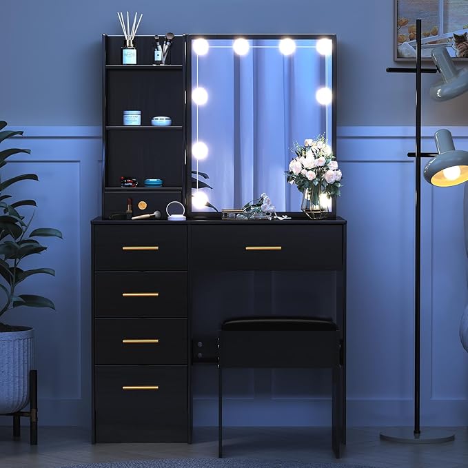 Vanity Desk with Sliding Mirror and Lights, Small Makeup Vanity Table Set with Chair and Drawers, Black Vanity with Lighted Mirror for Bedroom, Dressing Table for Teen Girls and Women