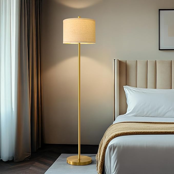 Oneach 61” Modern Floor Lamp for Living Room, Gold Standing Lamp with Natural Linen Lampshade, Rustic Industrial Corner Floor Lamp with Rotary Switch for Bedroom, Study Room, Dining Room