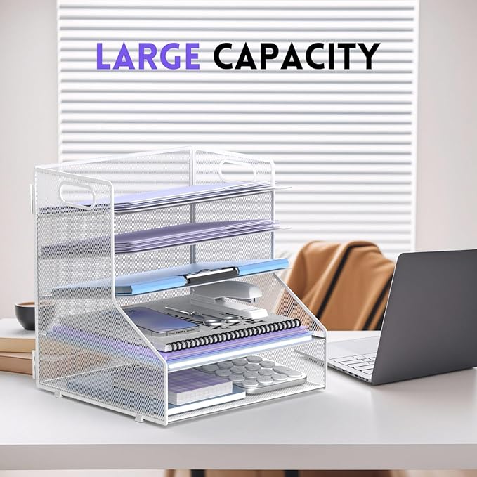 SUPEASY 5-Tier Desk File Organizer, Metal Letter Paper Tray, Desk Organizers and Accessories for Home Office Supplies, White