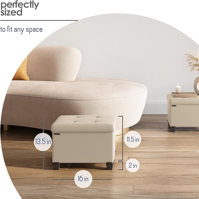 STORAGEBUD Storage Ottoman Cube with Small Bin, 16-in Square Ottoman with Storage for Living Room and Bedroom, Small Ottomans Foot Rest, Faux Leather Foot Stools Ottomans Max 330lbs, Beige