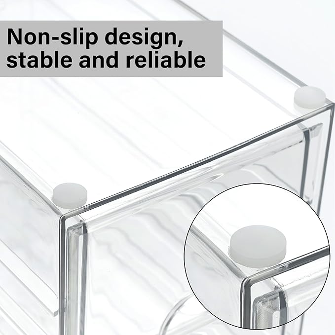 Prsildan Acrylic Drawer Makeup Organizer with 6 Drawers, Set of 2 Office Desk Organizers Accessories, Clear Stackable Storage Drawers for Vanity, Craft, Not for Baby Bottle (Largest Drawer 4" Tall)