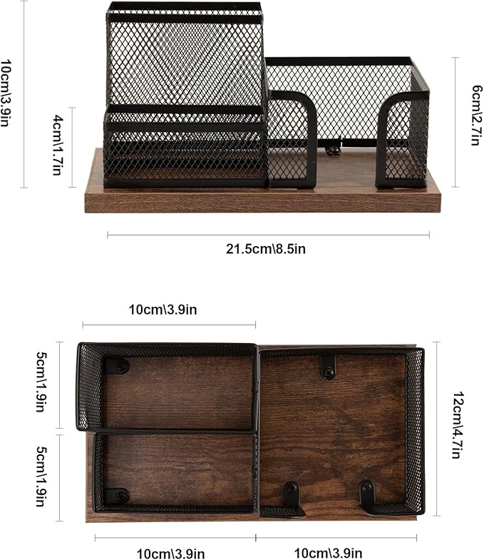 Antique Wood & Mesh Pen Holder Office Supplies Caddy, Storage Baskets for Desktop Accessorieswith Sticky Notes Holder,3 Compartments(2 Pack Black)