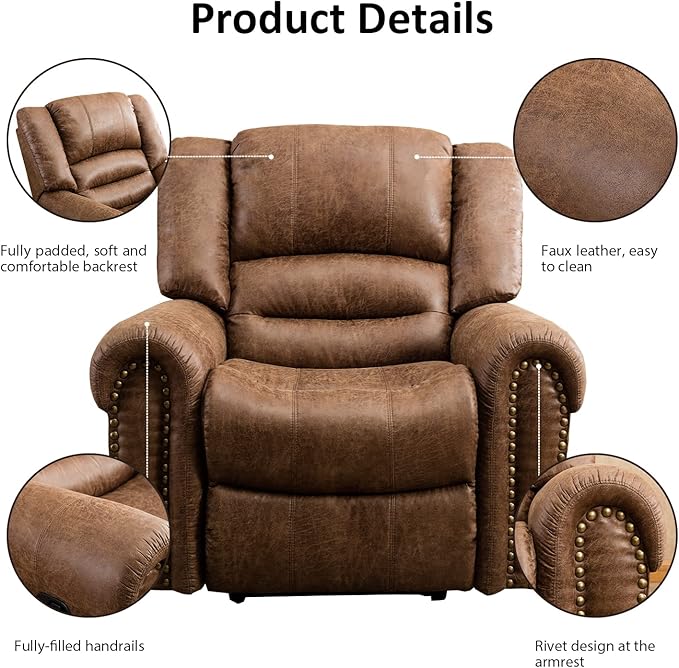 INZOY Leather Recliner Chair, Heavy Duty Manual Reclining Sofa Single Lounge Sofa for Living Room, Home Theater Seating, Light Brown