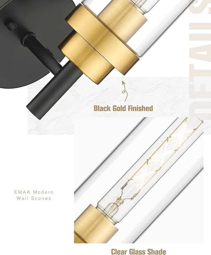 Emak Black and Gold Sconces Wall Decor Set of 2, Bathroom Vanity Light with Clear Glass Shade, Modern Wall Sconce for Bathroom, Bedroom, Living Room, Hallway, WS085-BKBGD-2PK