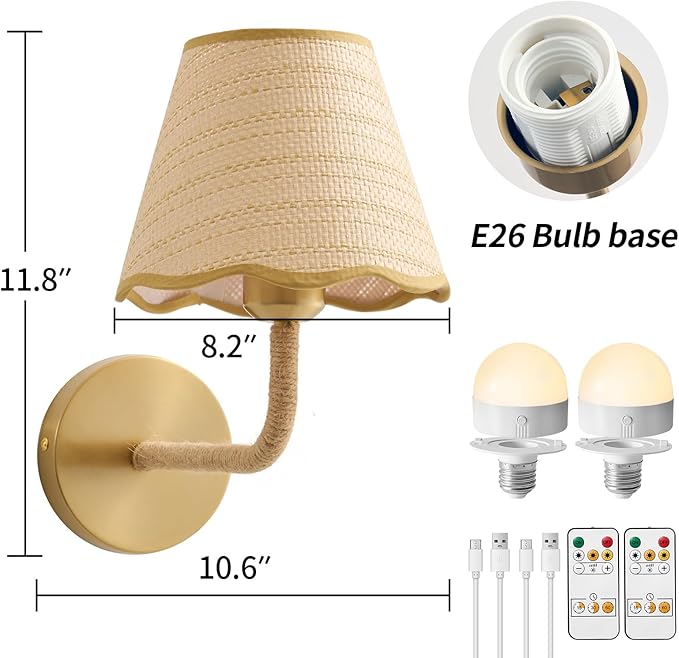 Boho Battery Operated Rattan Wall Sconces Set of Tow, Wireless Rechargeable Battery Powered Wall Light with Grass-Woven Lampshade for Bedroom Living Room Hallway Porch