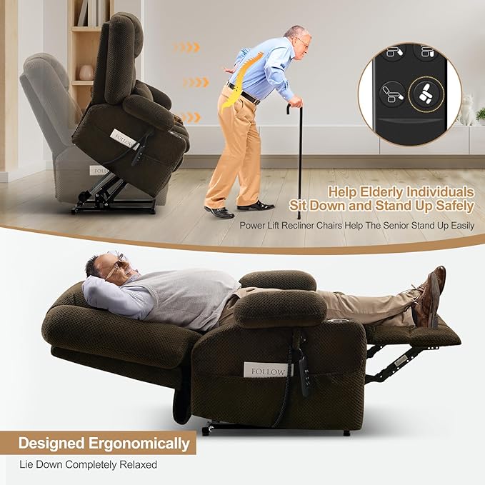 Infinite Position Power Lift Chair, Dual Motor Power Lift Recliner Chair with Massage and Heat Function for Elderly People, USB Charging Ports, Dark Brown
