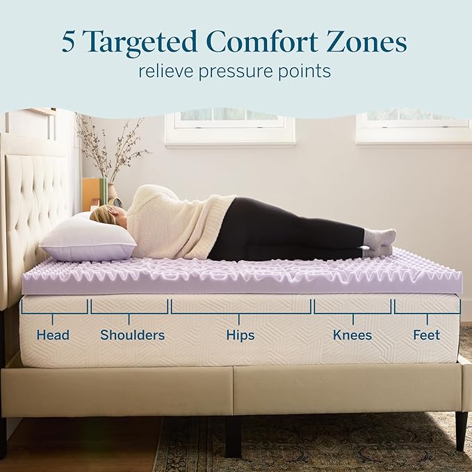 LUCID 3 Inch 5 Lavender Memory Foam Plush-Calming Targeted Convoluted Comfort Zones Mattress Topper, Queen