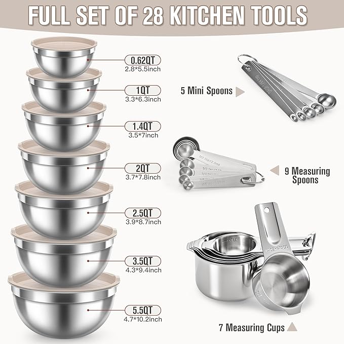 28PCS Mixing Bowls with Airtight Lids Set, Stainless Steel Nesting Prep Bowls with 7 Measuring Cups & 14 Measuring Spoons for Cooking, Baking, Serving, Food Storage, Size 5.5/3.5/2.5/2/1.4/1/0.62QT