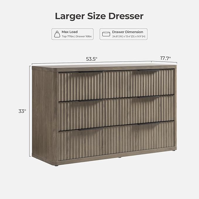 SICOTAS Dresser for Bedroom 6 Drawer Dressers & Chests of Drawers for Closet Long Large Modern TV Stand Set for Clothes Storage Fluted Wide Clothes Closet for Hallway Entryway (Grey Alder, 2 Pieces)
