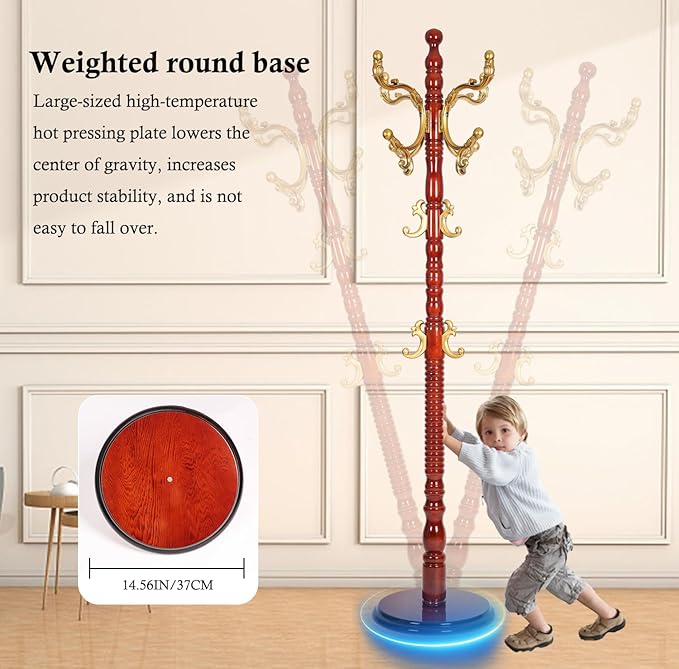 Coat Rack Stand, Solid Wooden Coat Tree with 14 Hooks, Heavy Duty Coat Rack Freestanding with Sturdy Round Base, Natural Birch Wood Coat Hanger Stand for Entryway Bedroom (Begonia)