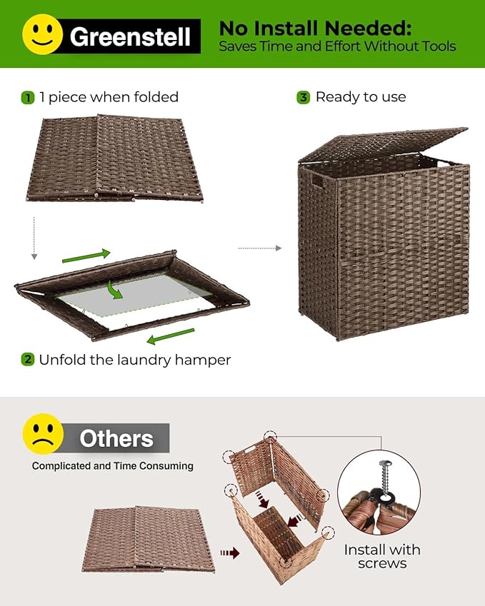 Greenstell Laundry Hamper with lid, No Install Needed, 90L Wicker Laundry Baskets Foldable 2 Removable Liner Bags, 2 Section Clothes Hamper Handwoven Rattan Laundry Basket with Handles, Brown