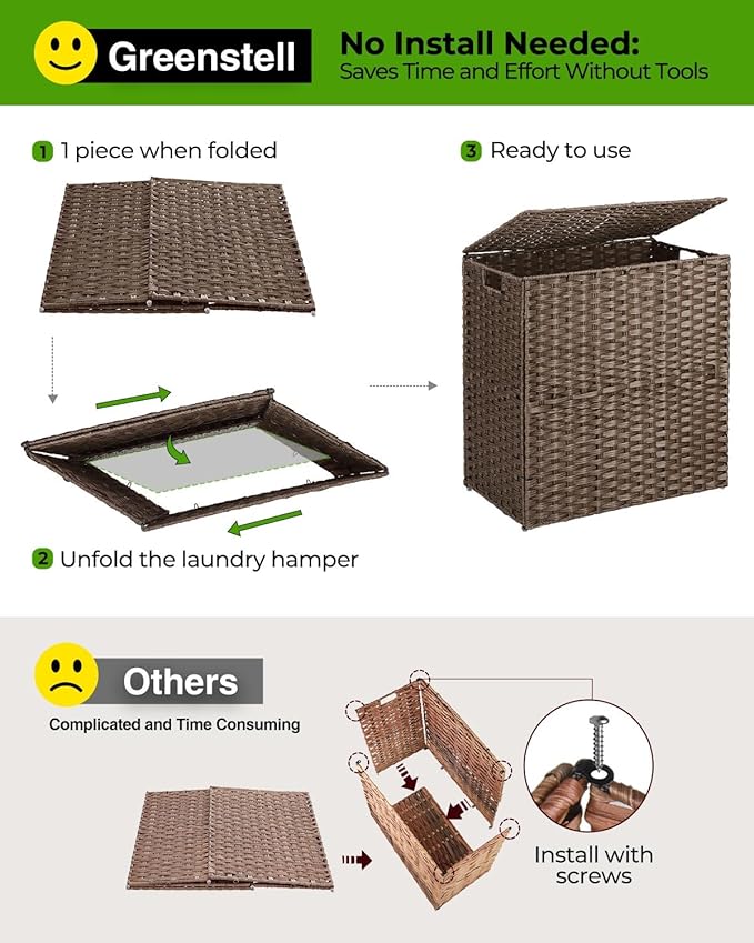 Greenstell Laundry Hamper with lid, No Install Needed, 130L Wicker Laundry Baskets Foldable 2 Removable Liner Bags, 2 Section Clothes Hamper Handwoven Rattan Laundry Basket with Handles, Brown