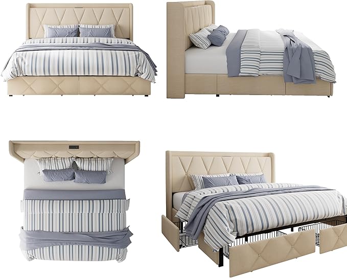 King Size Bed Frame with 4 Storage Drawers, Upholstered Platform Bed with Charging Station, Modern Wingback Storage Headboard, Easy Assembly,Noise-Free, Beige