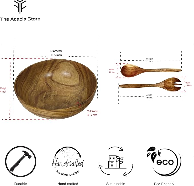 11.5 inches Acacia Wood Salad Bowl Set with 1 set spoon and fork, in a gift box, made from one pc solid acacia wood, made in Vietnam.