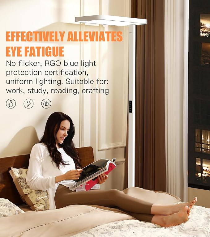 Pure Light Floor Lamp - Motion Sensor, 100W Full-Spectrum Standing Lamp for Bedroom, Living Room & Office - 60000+h Lifetime, 9500LM, 4000K, White Floor Lamp