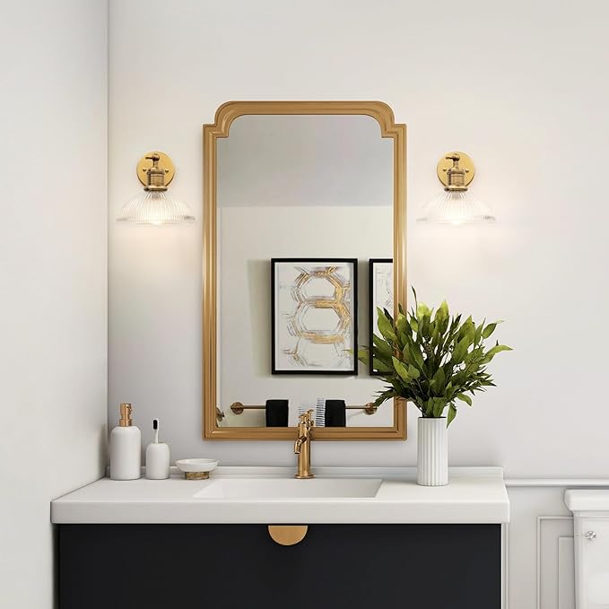 Yosoan Antique Brass Indoor Wall Sconce, 1-Light Modern Vanity Light Vintage Industrial Single Lamp Hardwired Clear Striped Bowl Glass Shade for Living Room Kitchen Bedroom Home Decor(Antique)