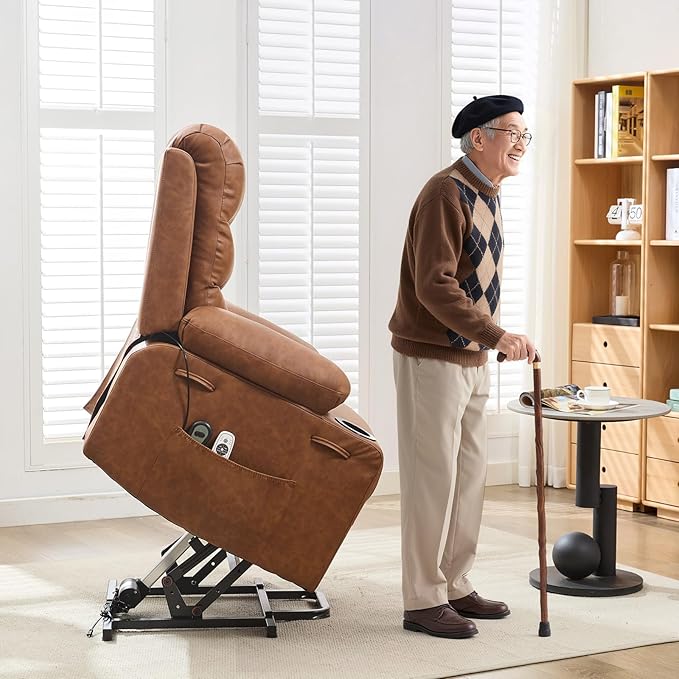 Power Lift Recliner PU Chair for Elderly, with Massage & Heat, Big and Tall Living Room or RV Single Sofa for Adults, 135° Reclining Accent Chairs, 2 Cup Holders and Side Pockets (Brown Leather)