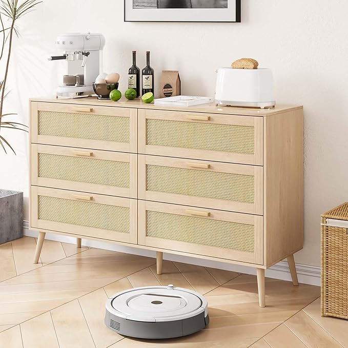 Rattan Dresser for Bedroom, Modern 6 Drawer Double Dresser with Gold Handles, 47" Wide Mid Century Modern Chest of Drawers with Sliding Drawers for Bedroom, Living Room or Hallway (Natural)