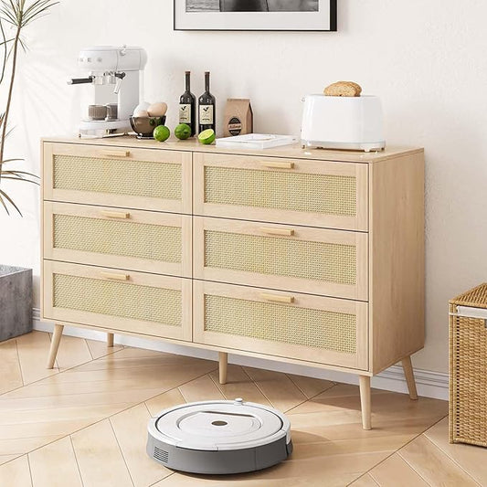 Rattan Dresser for Bedroom, Modern 6 Drawer Double Dresser with Gold Handles, 47" Wide Mid Century Modern Chest of Drawers with Sliding Drawers for Bedroom, Living Room or Hallway (Natural)