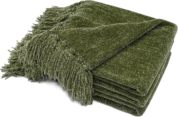 RECYCO Throw Blanket Soft Cozy Chenille Throw Blanket with Fringe Tassel for Couch Sofa Chair Bed Living Room Gift (Loden Green, 50'' x 60'')