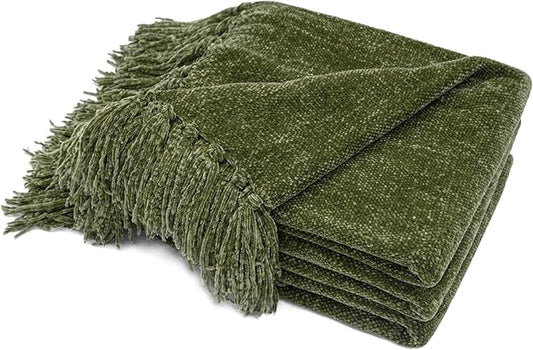 RECYCO Throw Blanket Soft Cozy Chenille Throw Blanket with Fringe Tassel for Couch Sofa Chair Bed Living Room Gift (Loden Green, 60'' x 80'')