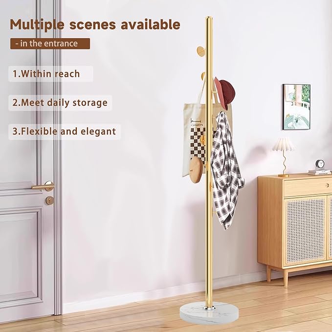Metal Coat Rack Freestanding, Sturdy Coat Rack Stand with Natural Marble Base, Modern Golden Coat Racks Tree Hats Hanger Holder Stand for Entryway, Hallway, Bedroom