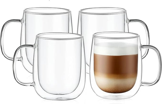 CNGLASS Large Double Wall Glass Coffee Mug 15.2oz,Clear Insulated Glass Espresso Cup with Big Handle,Clear Glass Espresso Mugs for Latte,Cappuccino,Tea Bag,Hot and Cold Beverages,set of 4