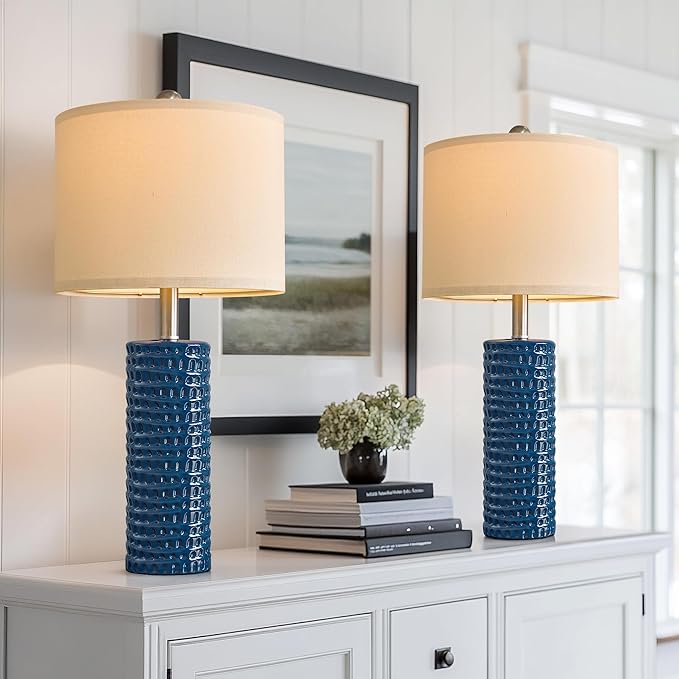 PORTRES 24.75" Modern Accent Ceramic Table Lamp Set of 2 for Bedroom Desk Decor Bedside Lamps for Living Room Study Room Office Dorm Farmhouse Nightstand Lamp End Table Lamps (Blue)
