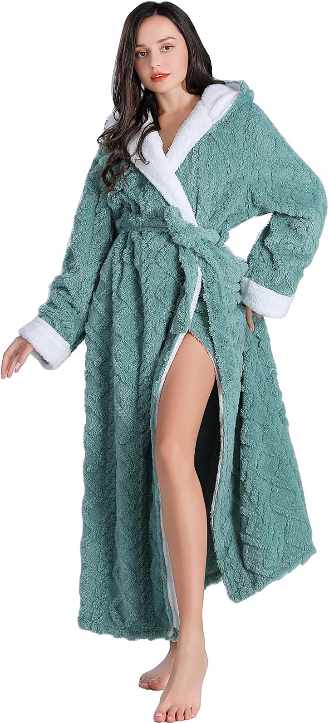 LKG women's robes long plush hooded ladies shower luxury christmas warm fuzzy robes house coat bathrobe for women full length
