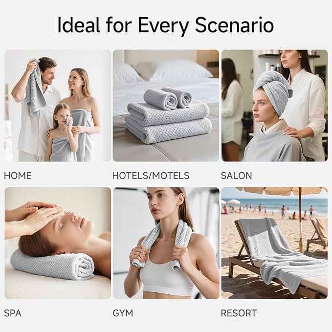 REDKISS 6 Piece Premium Towel Set, 2 Bath, 2 Hand, and 4 Wash Cloths, Ultra-Fiber Coral Fleece, Highly Absorbent Towels for Bathroom, Gym, Hotel, and Spa, Ideal for Everyday use, Light Grey