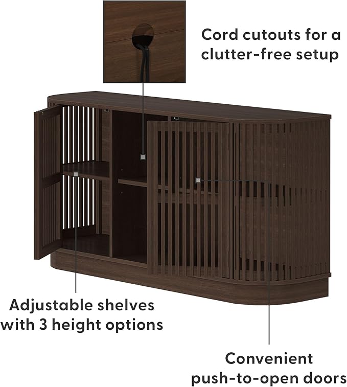 Plank+Beam Contour Wood TV Stand, Two Door Solid Wood Entertainment Console with Storage, 59" L x 16" W x 30" H, Walnut