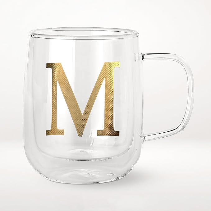 COLLECTIVE HOME - Double Walled Glass Coffee Mugs, Insulated Coffee Mug with Handle, Personalized Gifts for Women, Men, Christmas, 14 oz Monogram Cups (M)