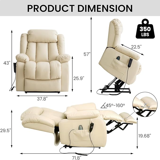 TEKAMON Power Lift Recliner Chair for Elderly with Heat & Massage, Dual Motor Genuine Leather Recliner, Lay Flat Sleeping Chairs with Infinite Position, RemoteControl(Beige, Extended)
