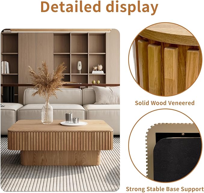Lift Top Coffee Table for Living Room, Accent Fluted Coffee Table with Storage, Modern Solid Wood Veneered Rectangle Center Tea Table for Small Space Apartment (38.6''D×14''H-Natural)