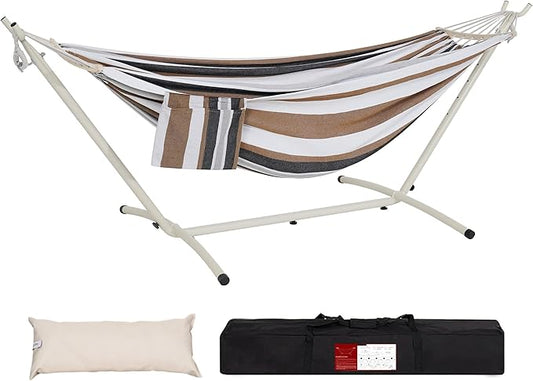 LazyDaze Hammocks Double Hammock with Stand - 2 Person Heavy Duty Outdoor Hammock for Adults, Includes Durable Steel Stand, Portable Carrying Bag and Pillow, Brown Stripes