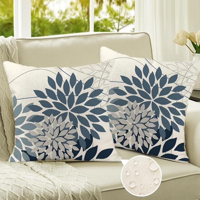 RABUSOFA Outdoor Pillow Covers 18x18 Inch Set of 2 Gray Blue Flower Decorative Waterproof Floral Outdoor Cushion Covers for Patio Funiture Garden Couch Decor