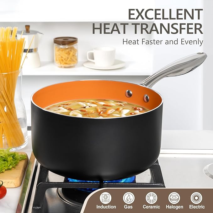 MICHELANGELO 4 Quart Saucepan with Lid - Ultra Nonstick Sauce Pan with Ceramic Coating, 4 Qt Non Stick Pot Induction Compatible, Copper