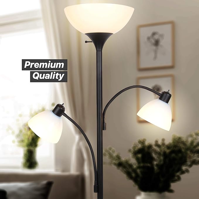 Brightech Sky Dome Double LED Floor lamp, Torchiere Super Bright Floor Lamp with 2 Reading Lamps for Living Rooms & Offices - Dimmable Tall Standing Lamp for Bedroom Reading - Tall Black Pole