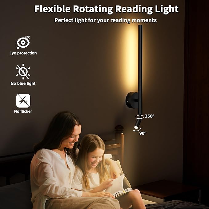 Battery Operated Wall Sconces with Reading Spotlight: RGB Rechargeable LED Wireless Wall Light with Remote Indoor Modern Decor for Living Room Bedroom Bathroom Lighting Black